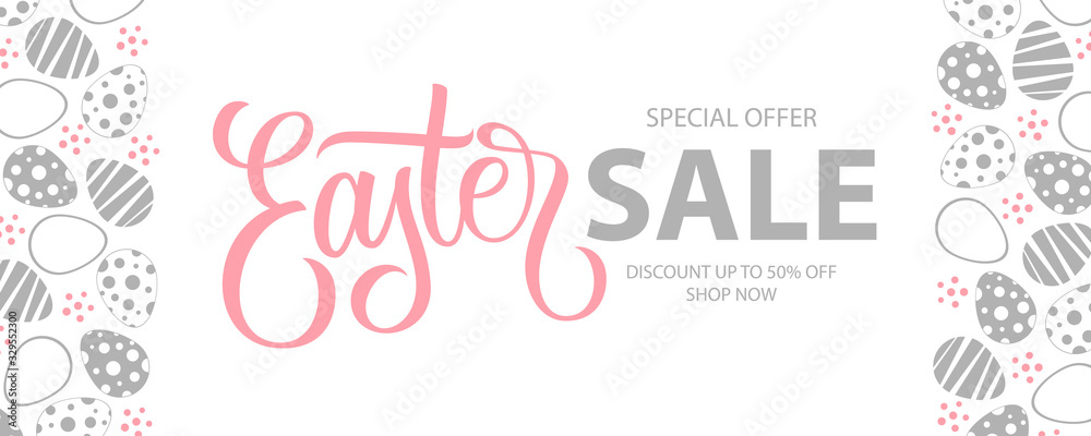 Easter Sale special offer banner. Holiday season background with hand lettering and easter eggs for business, discount shopping, promotion and advertising. Vector illustration. Easter Sale special offer banner. Holiday season background with hand lettering and easter eggs for business, discount shopping, promotion and advertising. Vector illustration.