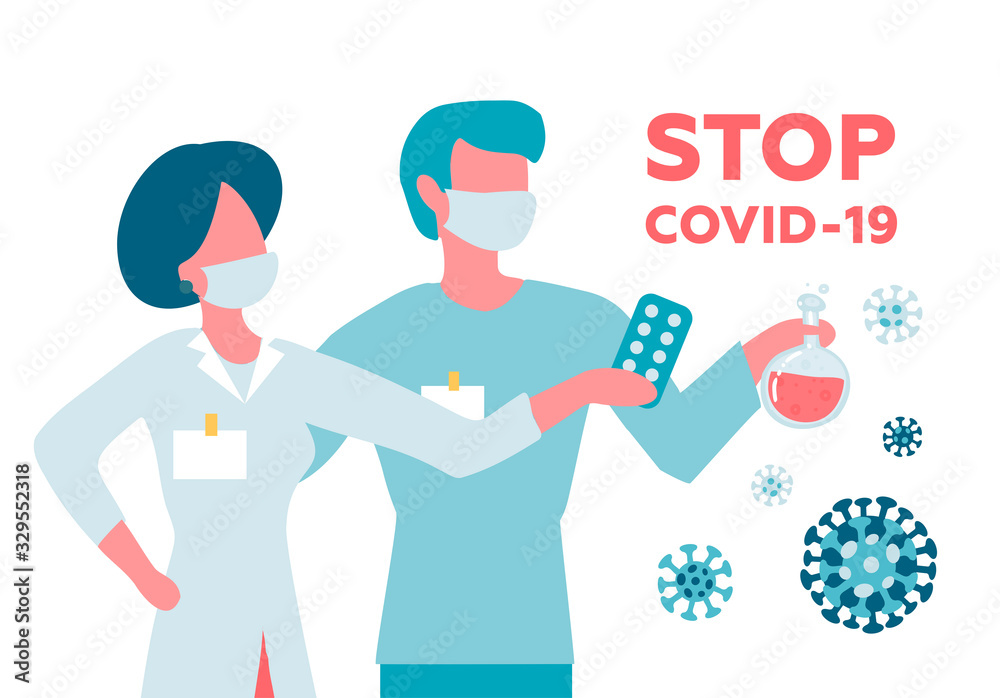 COVID-19 Wuhan Novel coronavirus 2019-nCoV, doctors woman and man with medical face mask. Concept of virus quarantine. Scientists with medicines for coronavirus in hands. Flat vector illustration.