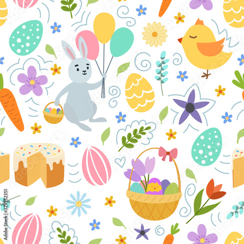 Hand draw colorful floral seamless pattern with eggs chiken rabbit flowers. Cute easter bunny. on white background. Vector illustration