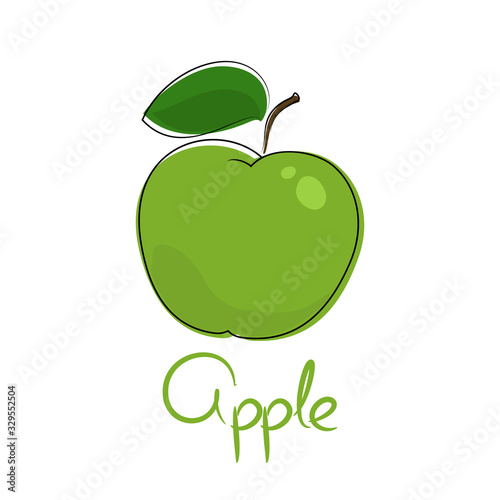 Green apple and text Apple, fruit isolated on white background, vector illustration