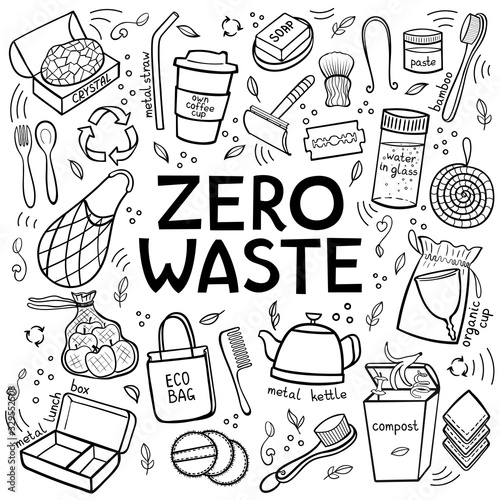 Black and white Set of elements of zero waste life. Hand Draw Lettering. Eco style. No plastic. Go green. Vector illustration