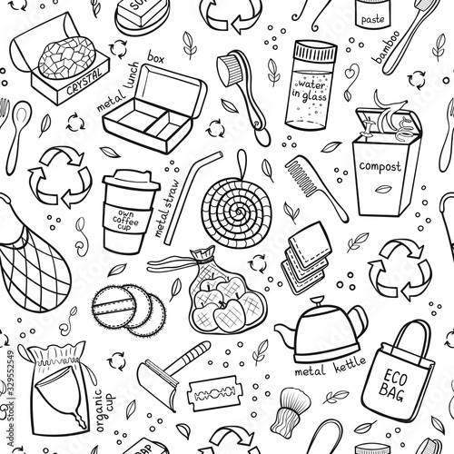 Seapless black and white pattern hand drawn elements of zero waste life. Eco style. No plastic. Go green. Vector illustration