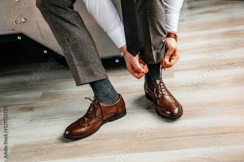 Men's leather shoes on the groom