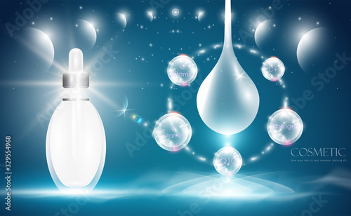 Hyaluronic acid skin solutions ad, white collagen serum drop with cosmetic advertising