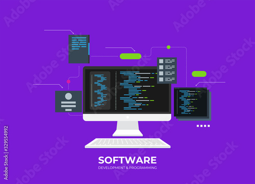 Software development and programming, program code on laptop screen, big data processing, computing isometric