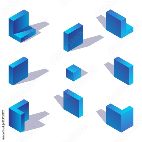 Blue gradient english letter l isometric with shadow in various foreshortening
