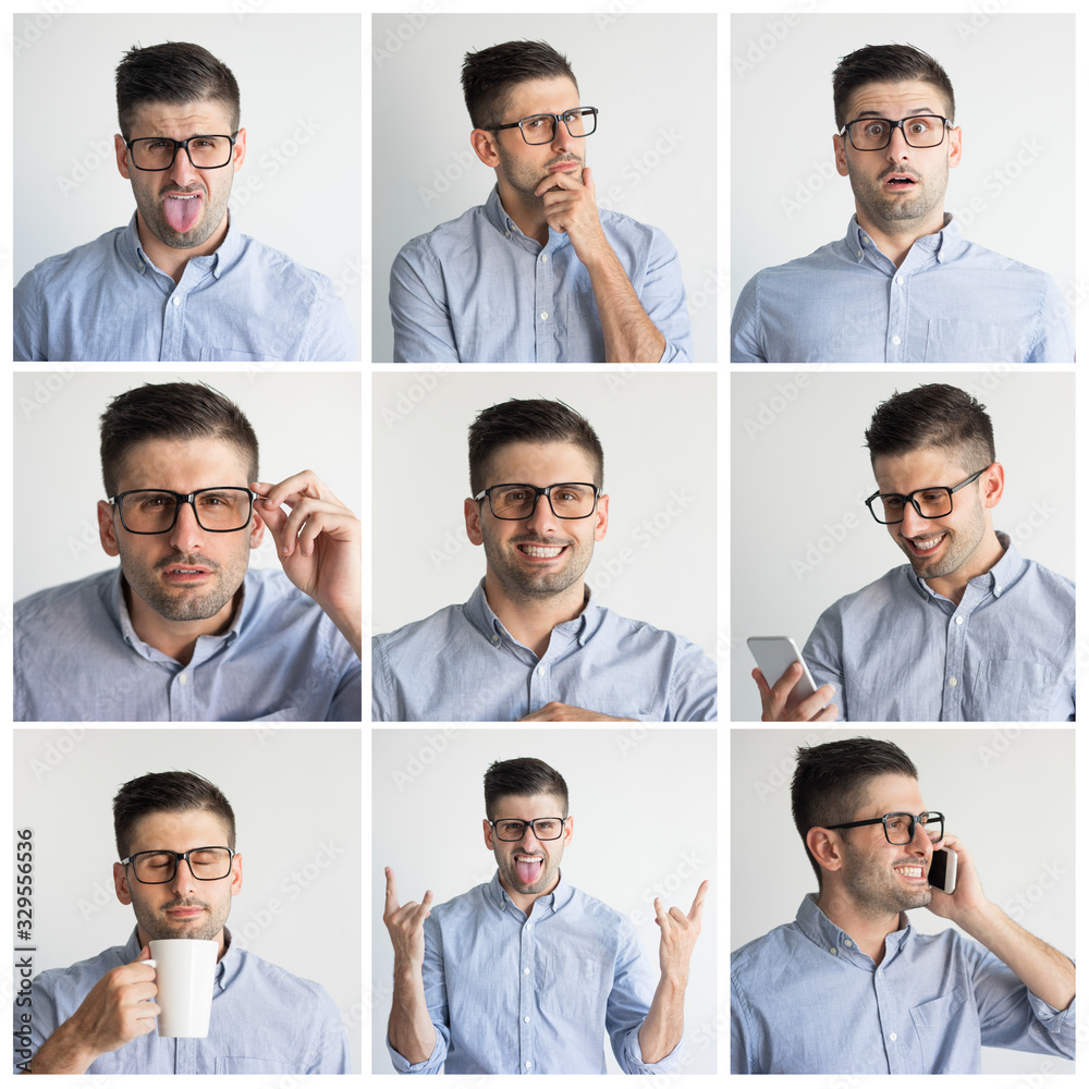 Fototapeta premium Young man in glasses portrait set with different hand gestures and facial expressions. Funny guy in grey shirt studio shot collage. Multiscreen montage, split screen collage. Emotions concept