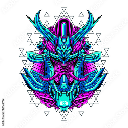 Mecha head samurai with sacred geometry pattern