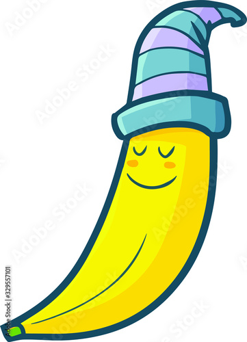 Cute and funny banana sleeping with hat on it's head