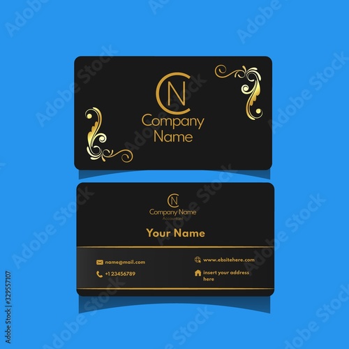 Luxury VIP business card black gold color with modern minimalist style. Elegant business name card template for any purpose like accountant, attorney, lawyer.
