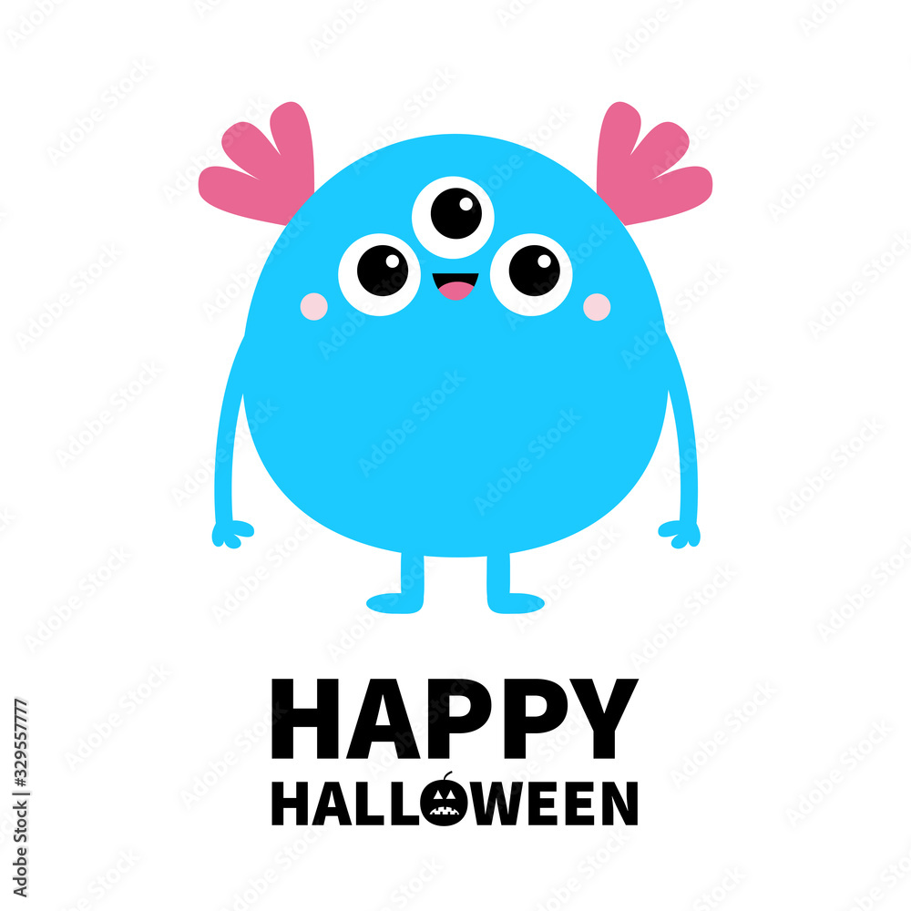 Happy Halloween. Blue monster with three eyes and pink ears. Funny Cute cartoon kawaii character. Baby collection. Flat design. Greeting card. Isolated. White background.