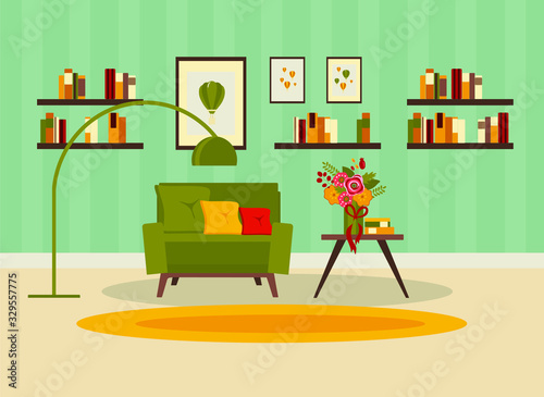 Living room interior with furniture, houseplants, books and home decorations. Flat cartoon vector illustration.