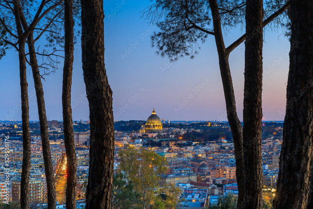 Panoramic view of Rome city with the dome of St. Peter's Basilica.