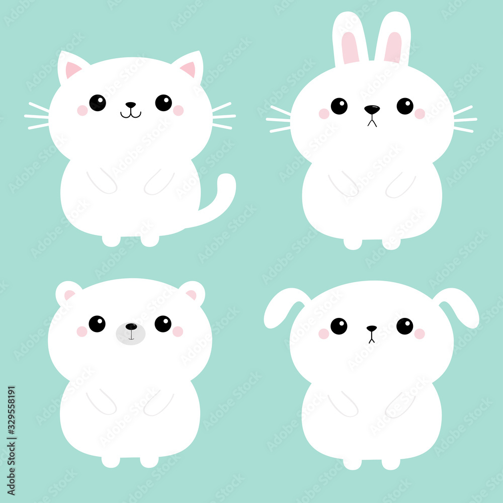 White cat kitten kitty, bear, dog puppy, rabbit bunny hare icon set. Kawaii animal. Cute cartoon character. Funny baby. Love card. Flat design. Blue background. Isolated.