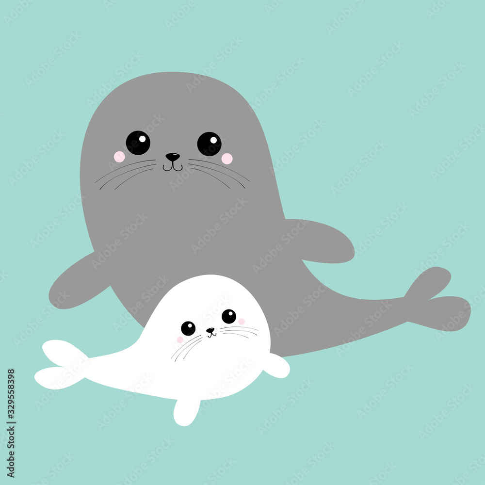 Sea lion. Harp seal pup set. Cute cartoon kawaii character. Gray white color. Happy animal collection. Sea ocean water. Mother and baby family. Blue background. Isolated. Flat design Sea lion. Harp seal pup set. Cute cartoon kawaii character. Gray white color. Happy animal collection. Sea ocean water. Mother and baby family. Blue background. Isolated. Flat design