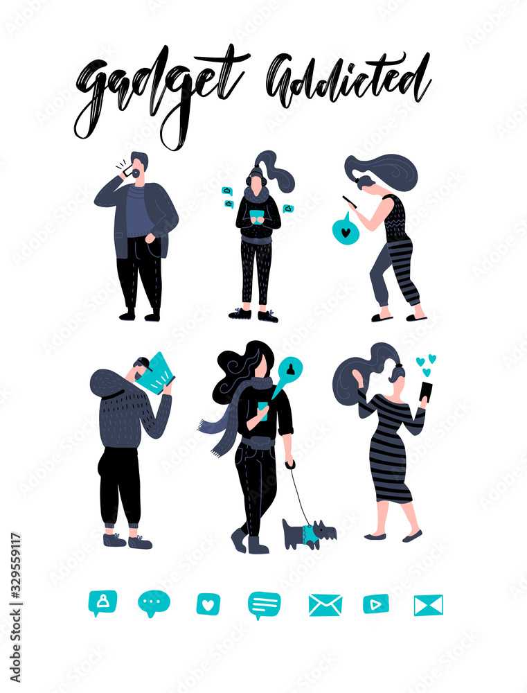 Obraz premium Men and women walking and holding mobile phones - smartphone addiction concept - people chatting, texting, reading newsfeed on social media. illustration in flat hand drawn style