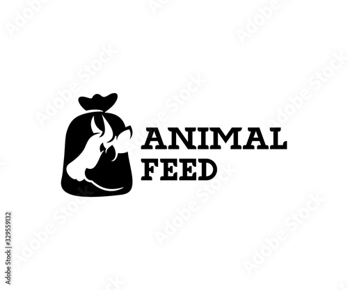 Animal feed and pet food, cow, pig in burlap pouch sack bag, logo design. Food for cattle, livestock, farm, vector design and illustration