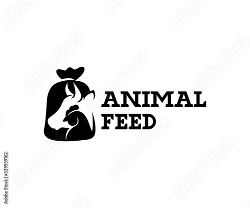 Animal feed and pet food, cow, chicken in burlap pouch sack bag, logo design. Food for cattle, livestock, farm, vector design and illustration
