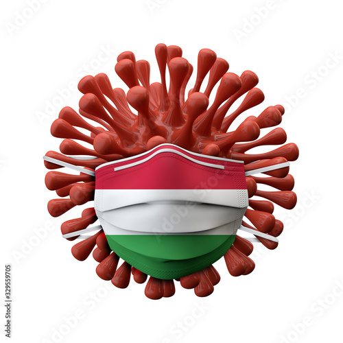 Hungary flag protective mask on a virus bacteria. 3D Render