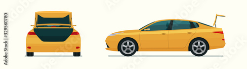 Sedan car with open boot. Side and back view. Vector flat style illustration.