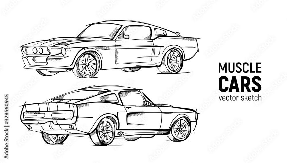 Hand drawn sketch retro car vector set. Three-quarter view and half-turn view. Muscle cars. Pencil design.