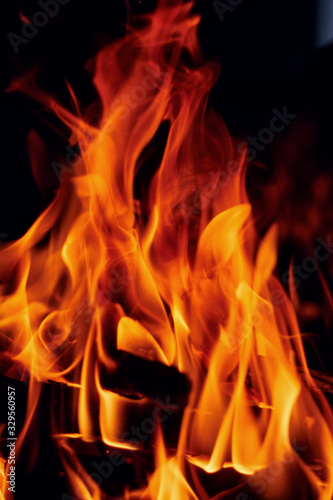 Flame of burning firewood in a fireplace on a black background.