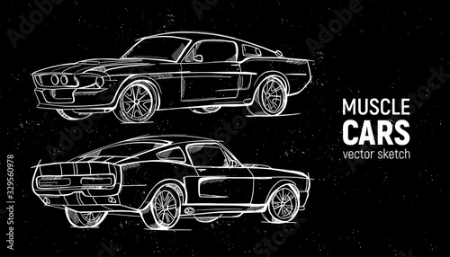 Hand drawn sketch retro car vector set. Three-quarter view and half-turn view. Muscle cars. Pencil design.