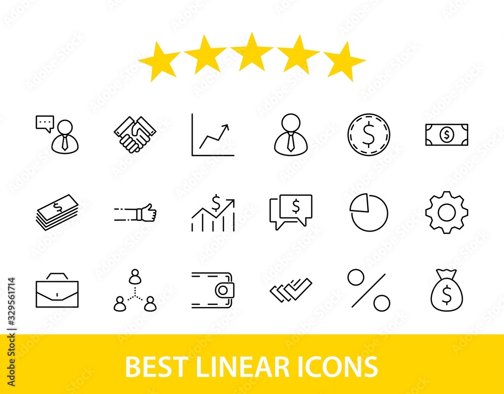 Fototapeta premium Set of Business vector line icons. It contains symbols of a handshake, a user, dollar pictograms, gears, a briefcase, a bag of money, a schedule and much more. Editable Stroke. 32x32 pixels.