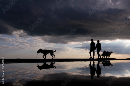 silhouette of dog walkers with storm cloud