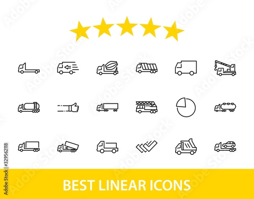 Truck Set of Transport Vector Line Icons. Contains such Icons as Truck, Transportation, Tow Truck, Cranes, Mixer, Garbage Truck, Manipulators, Delivery service and more. Editable Stroke. 32x32 Pixels