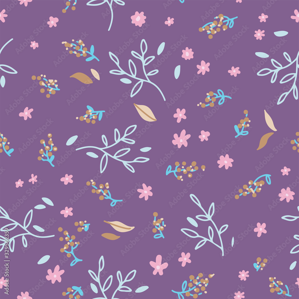 Floral seamless pattern. Hand drawn doodle leaves, brances and flower background. Nature Spring wrapping paper. outline illustration on white background.
