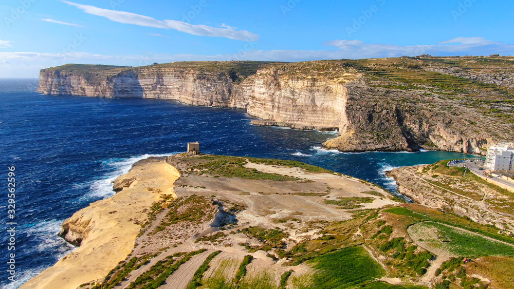 Panoramic view over the Coast of Gozo - Malta by drone - aerial photography