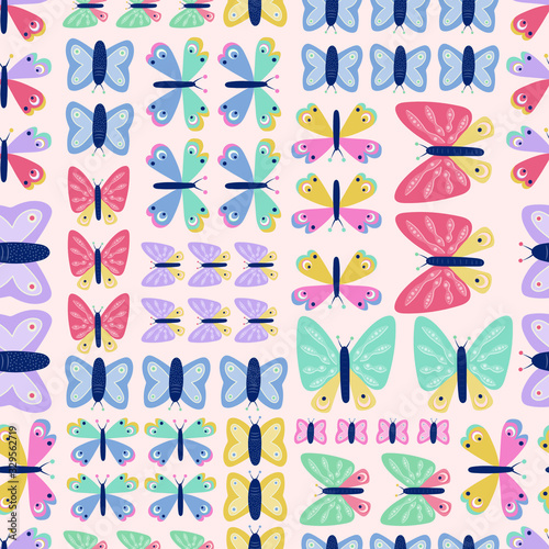 Geometric colourful butterfly seamless vector repeat pattern background. Great for children s products  parties  bedding  clothing  stationery  sleepwear