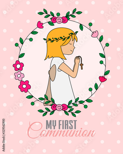 First communion card. Girl praying with flowers frame