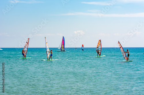 Windsurfers on Prasonisi beach. Rhodes, Greece