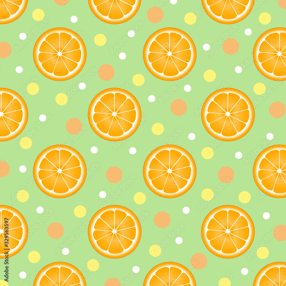 Tropical fruit pattern.Cute orange half slice with polka dot isolated on green mint background.Design for print or screen fruity backdrop ,Healthy food wallpaper.Vector.Illustration. Tropical fruit pattern.Cute orange half slice with polka dot isolated on green mint background.Design for print or screen fruity backdrop ,Healthy food wallpaper.Vector.Illustration.