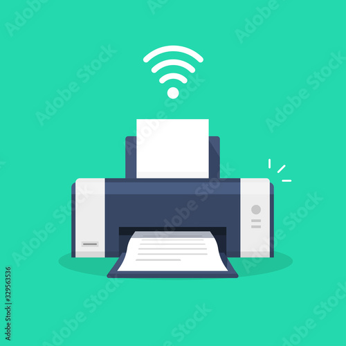 Printer icon with wifi wireless symbol or ink jet fax wi-fi print technology pictogram flat cartoon vector illustration isolated, modern design laser-jet clipart image