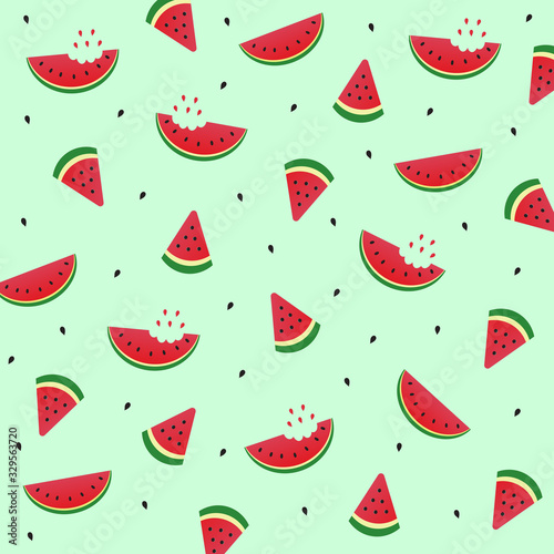 Cute fresh red watermelon slice with seed isolated on light green mint  background.Design for print screen backdrop  Fabric and tile wallpaper.Cartoon fruits.Summer concept. 