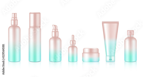 Spray Bottle Mock up Realistic Rose Gold Pastel Cosmetic Soap, Shampoo, Cream, Oil Dropper Set for Skincare Product Background Illustration. Health Care and Medical Concept Design.