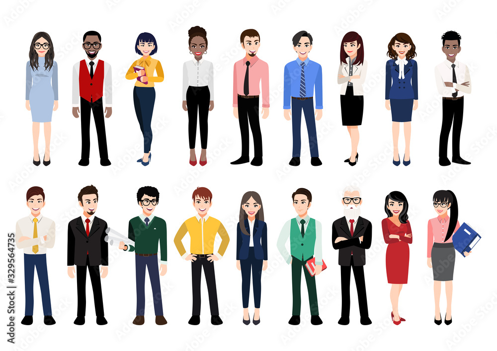 Cartoon character with office people collection. Vector illustration of diverse cartoon standing men and women of various races, ages and body type. Isolated on white. Cartoon character with office people collection. Vector illustration of diverse cartoon standing men and women of various races, ages and body type. Isolated on white.