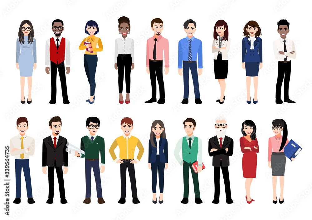 Cartoon character with office people collection. Vector illustration of diverse cartoon standing men and women of various races, ages and body type. Isolated on white.