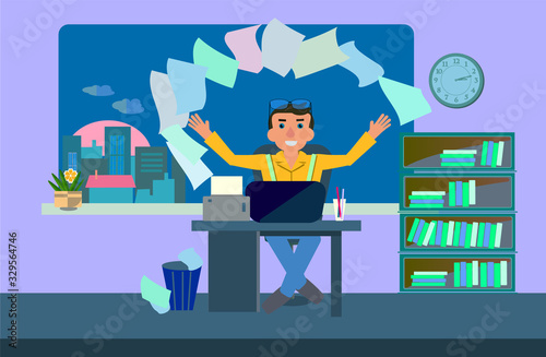 Joyful writer, copywriter sits at a table in the room, morning outside the window. Printed sheets with his work fly out of the printer. The concept of the end of a long creative literary work. Vector