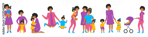 Vector set of african mother's little activities. Funny situations of mom on maternity leave. Concept design of happy family huge each other isolated. Three generations together holds hands and laugh
