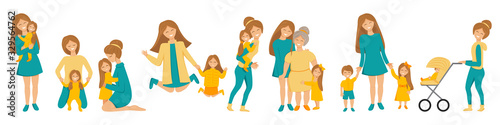 Vector flat set of mother's little activities. Funny situations of mom on maternity leave. Concept design of happy family huge each other isolated. Three generations together holding hands and smiling