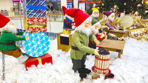 TBILISI, GEORGIA DECEMBER 19, 2019: New Year decorations in a large shopping center located in Tbilisi. Christmas gnomes.
