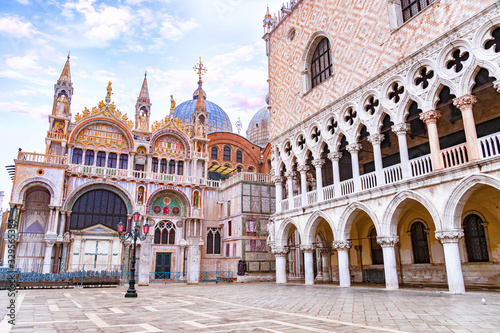 View of the exterior of the Saint Mark's Cathedral (Basilica San Marco) and Doge's Palace (Palazzo Ducale) in Venice, Italy photo