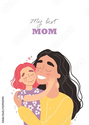 Beautiful young woman and her charming little daughter. Girl hugs mom and smiles