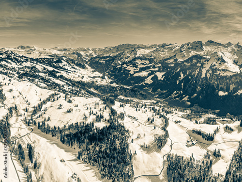Alps in Switzerland. Graphics mountains. Retro style. © patma145