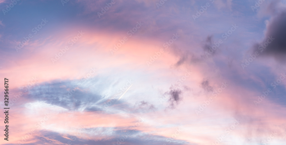 Panorama of the sky. Natural sunset background.