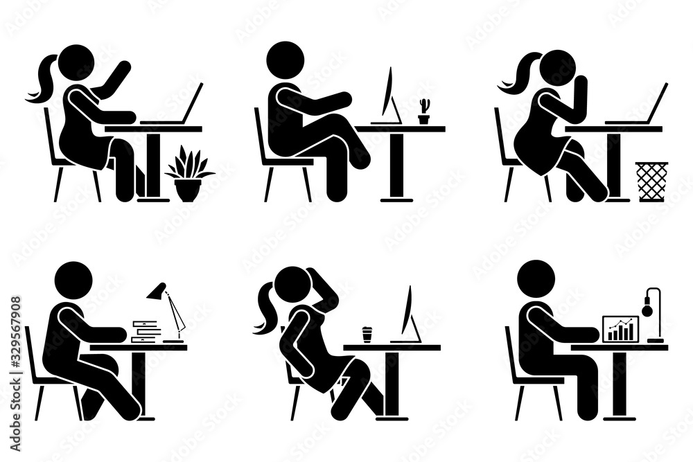 Sitting at desk office stick figure business man and woman side view poses  pictogram vector icon set. Male and female silhouette seated on chair,  computer, lamp, laptop sign on white background Векторный